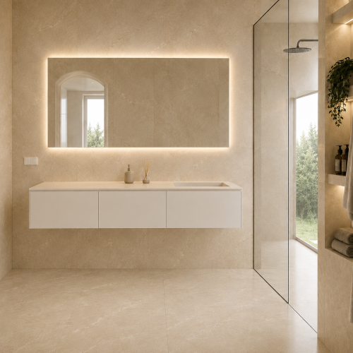 Encimera con lavabo a medida + mueble suspendido en MDF de 3 cajones | 5050