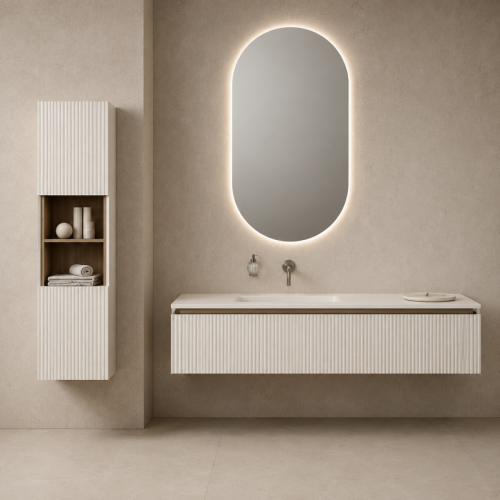 Encimera con lavabo Corian + mueble en MDF lacado acanalado de 2 cajones | 321678