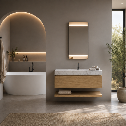 Mueble suspendido de roble de 1 cajón con lavabo de mármol | 3904