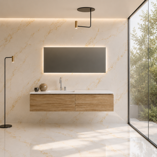Mueble de baño suspendido de roble macizo con 2 cajones y lavabo Corian | 3216