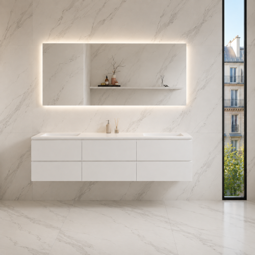 Encimera con doble lavabo a medida + mueble suspendido en MDF de 6 cajones | 5051
