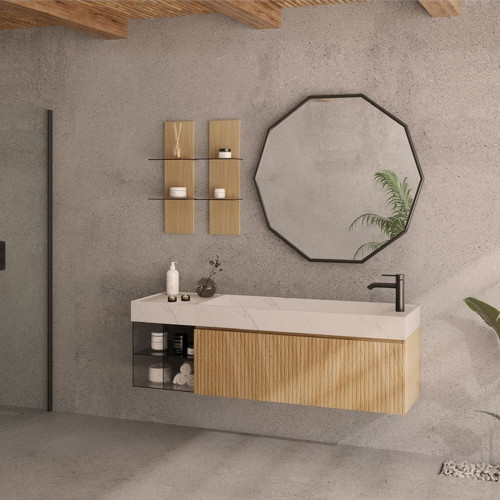 Mueble de baño de madera natural con estante de vidrio | 3726