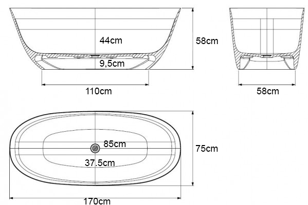 Plano de medidas de la bañera exenta 3320 de 170 cm