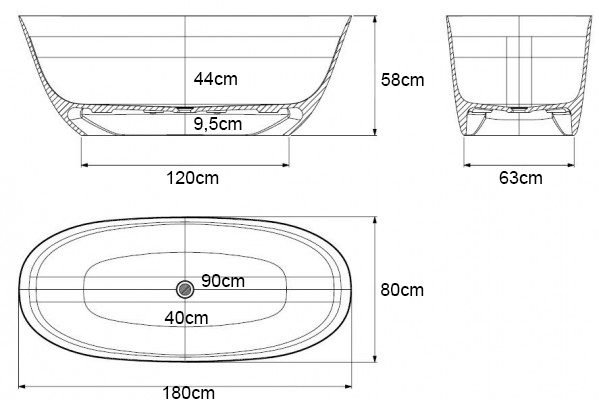 Plano de medidas de la bañera exenta 3321 de 180 cm